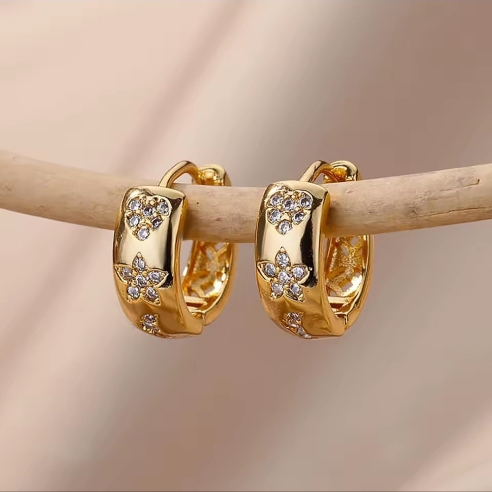 Stainless Steel Elegant Gold Floral Hoop Earrings